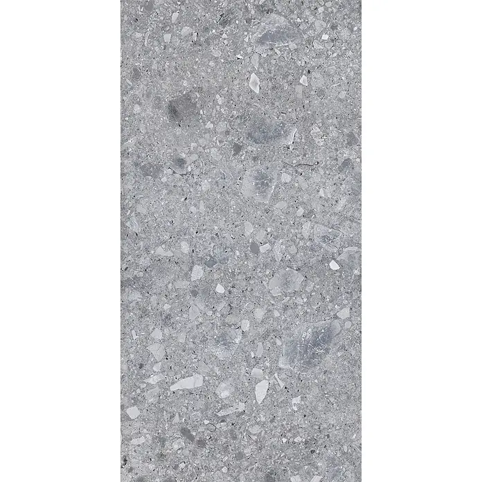 Feinsteinzeug in grauer Steinoptik 60x120, 20 mm, rutschhemmend -  - Helle graue Terrazzo-Oberfläche mit verstreuten weißen, hellen und dunkelgrauen unregelmäßigen Steinstücken.