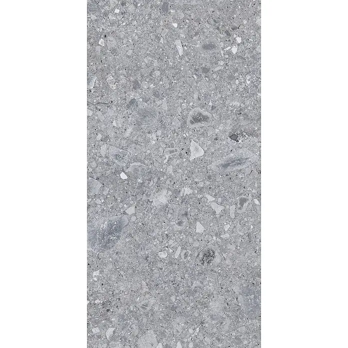 Feinsteinzeug in grauer Steinoptik 60x120, 20 mm, rutschhemmend -  - Graue Aggregatstein-Oberfläche mit unterschiedlichen hellen und dunklen Fragmenten.