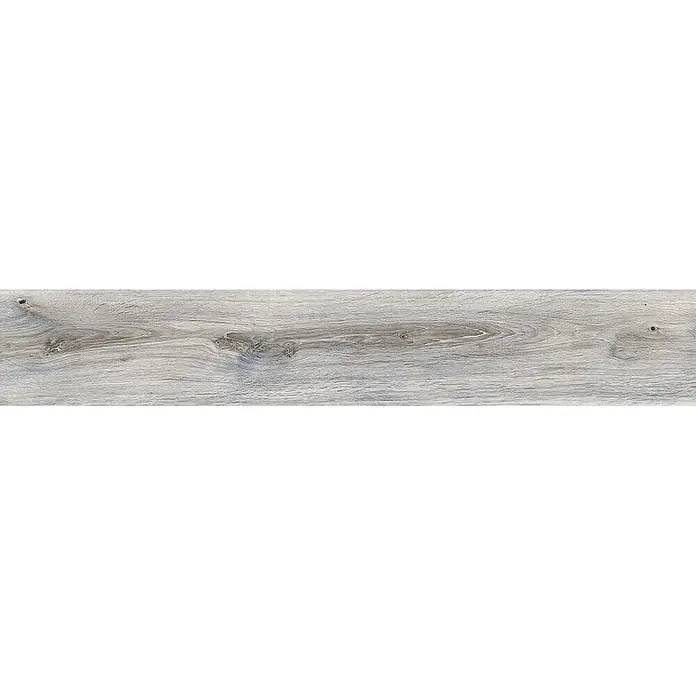 Feinsteinzeug in grauer Holzoptik 20x120, rutschhemmend - Ital. Fliesen -  - Hellgraue verwitterte Holzdiele mit sichtbarer Maserung und Ästen.