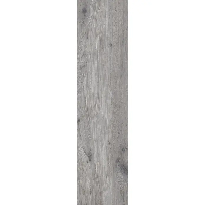 Feinsteinzeug in roher matter grauer Holzoptik 30x120 - Ital. Fliesen -  - Graues Holzdekor-Paneel mit natürlicher Maserung und Ästen.