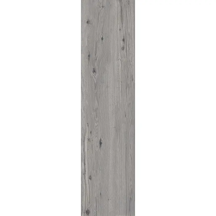 Feinsteinzeug in roher matter grauer Holzoptik 30x120 - Ital. Fliesen -  - Graue verwitterte Holzstruktur mit ausgeprägter Maserung und dunklen Ästen.