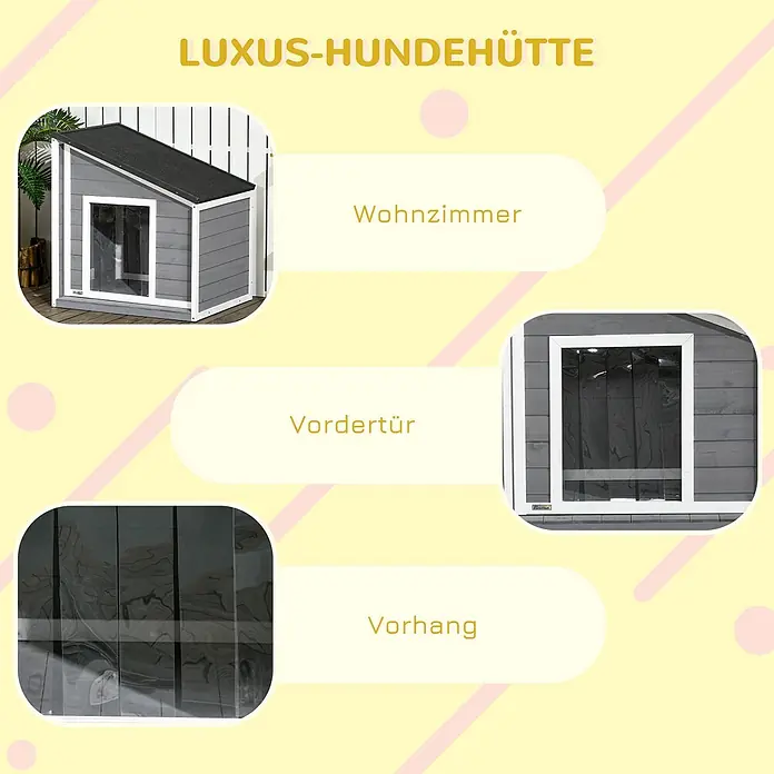 PawHut Hundehütte Schwarz+Grau+Weiß 71L x 58B x 53-77H cm -  - Graue Holzhundehütte mit schwarzem Dach. Details zeigen den transparenten Vorhang am Vordereingang.