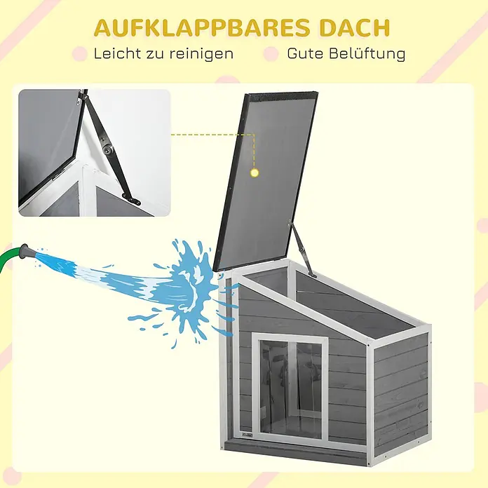 PawHut Hundehütte Schwarz+Grau+Weiß 71L x 58B x 53-77H cm -  - Graue Holzhundehütte mit weißem Rand und aufklappbarem Dach zur leichten Reinigung (Wasserspray) und guten Belüftung.