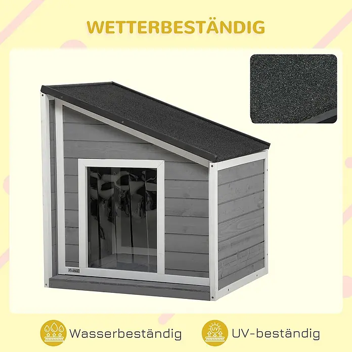 PawHut Hundehütte Schwarz+Grau+Weiß 71L x 58B x 53-77H cm -  - Graue Holzhundehütte mit schwarzem Dach und transparentem Eingangsvorhang, wetter-, wasser- und UV-beständig.