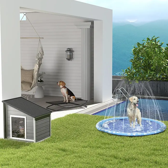 PawHut Hundehütte Schwarz+Grau+Weiß 71L x 58B x 53-77H cm -  - Außenbereich für Haustiere mit blauem Sprinklerpad, grauem Hundehaus und erhöhtem schwarzem Hundebett.