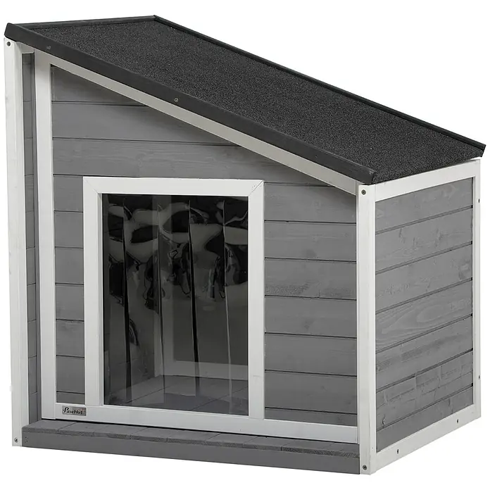PawHut Hundehütte Schwarz+Grau+Weiß 71L x 58B x 53-77H cm -  - Graue Holzhundehütte mit schwarzem Bitumendach und transparenter PVC-Lamellentür, mit weißer Verkleidung.