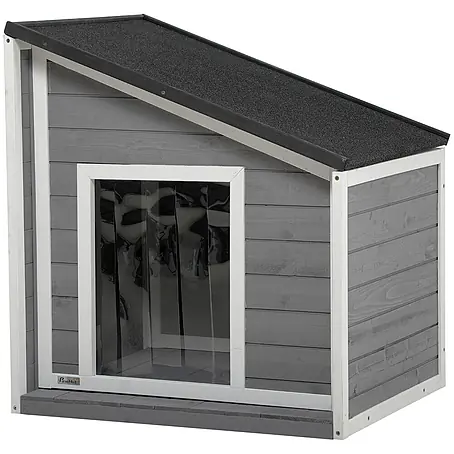 PawHut Hundehütte Schwarz+Grau+Weiß 71L x 58B x 53-77H cm