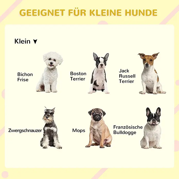PawHut Hundehütte Schwarz+Grau+Weiß 71L x 58B x 53-77H cm -  - GEEIGNET FÜR KLEINE HUNDE. Sechs kleine Hunderassen, wie Bichon Frise, Boston Terrier und Jack Russell Terrier.