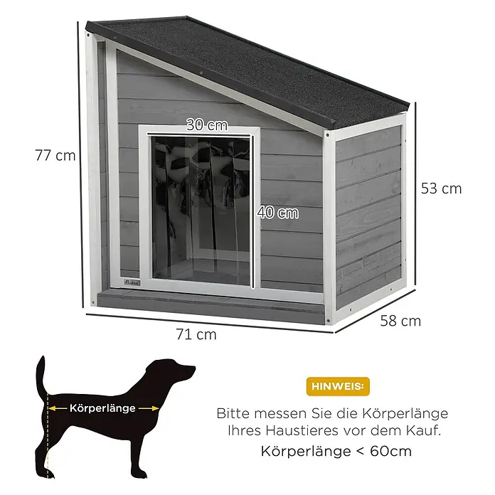 PawHut Hundehütte Schwarz+Grau+Weiß 71L x 58B x 53-77H cm -  - Graue Holzhütte mit schwarzem Schrägdach und Fronttür. Maße: 77x71x58 cm, Tür 30x40 cm. Empfohlen für Hunde unter 60 cm Körperlänge.