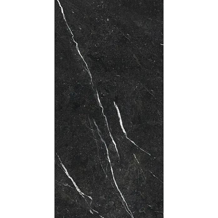 Feinsteinzeug in glänzend beiger Marmoroptik mit schwarzer - Ital. Fliesen -  - Schwarze Marmoroberfläche mit markanten weißen Adern.