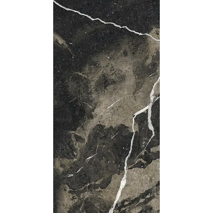 Feinsteinzeug in glänzend beiger Marmoroptik mit schwarzer - Ital. Fliesen -  - Dunkelgrauer Marmor mit ausgeprägter weißer und heller braun/grauer Maserung, geeignet für Oberflächen.