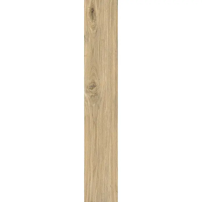 Feinsteinzeug in antiker honigfarbener matter Holzoptik 20x120 -  - Langes, hellbraunes Holzbrett mit sichtbarer Maserung und Ästen, geeignet für Böden oder Wandverkleidungen.
