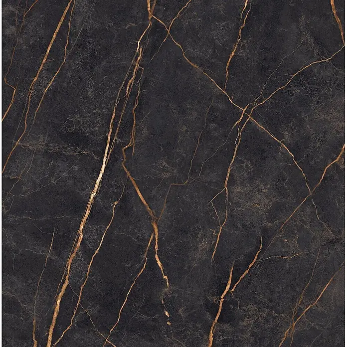 Feinsteinzeug in glänzender Marmoroptik 120x120 - Italienische Fliesen -  - Schwarzer Marmor mit markanten goldenen Äderungen.