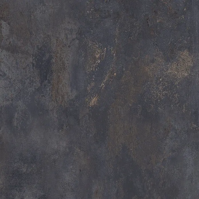 Feinsteinzeug in schwarzer Metalloptik 120x120 - Italienische Fliesen -  - Strukturierte dunkelgraue Oberfläche mit bronzefarbenen und rostfarbenen Metallakzenten.