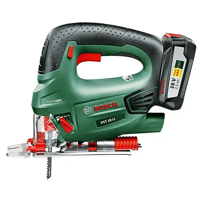 Bosch Power for All 18V Sierra de calar de batería PST 18 LI - 18 V, Iones de litio, 2,5 Ah, 1 batería, 0 /min - 2.400 /min - Sierra de calar a batería Bosch PST 18 LI con tecnología Lithium-Ion, PowerLight y batería de 18 V para cortes precisos.