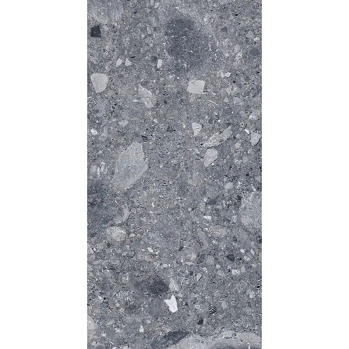 Feinsteinzeug in matter anthrazitfarbener Steinoptik 30x60 - Ital. Fliesen -  - Gesprenkelte dunkelgraue Steinplatte mit gemischten hell- und dunkelgrauen Einschlüssen, geeignet für Bodenbeläge.