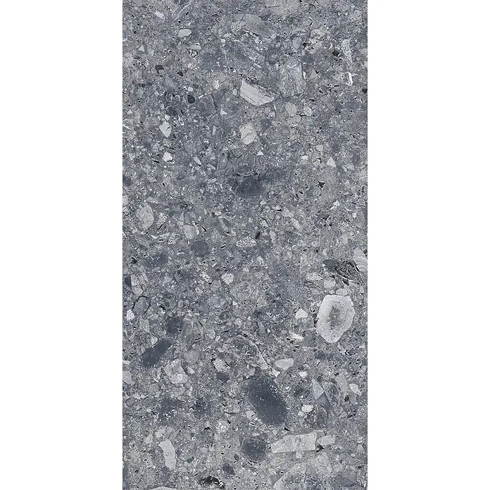 Feinsteinzeug in matter anthrazitfarbener Steinoptik 30x60 - Ital. Fliesen -  - Dunkelgraue Terrazzo-Oberfläche mit verschiedenfarbigen hellen und dunklen Steineinlagen.