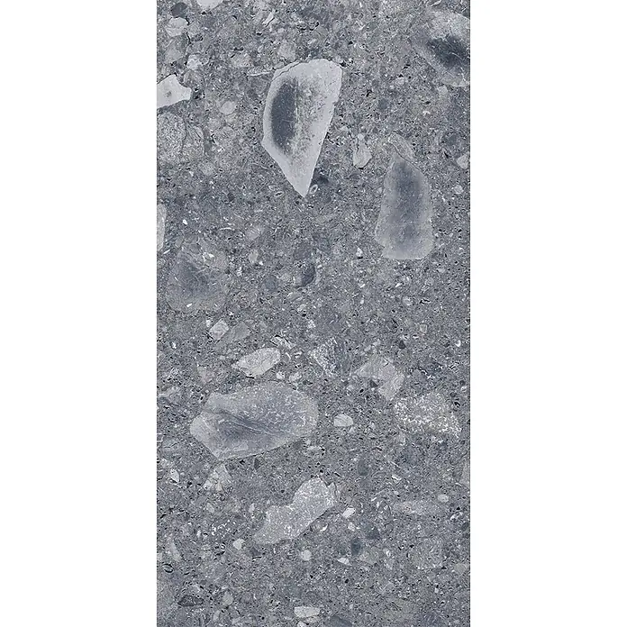 Feinsteinzeug in matter anthrazitfarbener Steinoptik 30x60 - Ital. Fliesen -  - Dunkelgraues gesprenkeltes Terrazzo- oder Betonmaterial mit hellgrauen Aggregaten unterschiedlicher Größe.