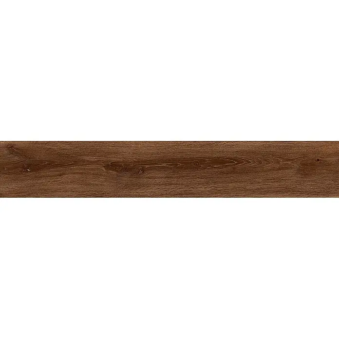 Feinsteinzeug in brauner Holzoptik 20x120 - Italienische Fliesen -  - Dunkelbraune Holzdiele mit sichtbarer Maserung und Ästen, geeignet für Böden oder Oberflächen.
