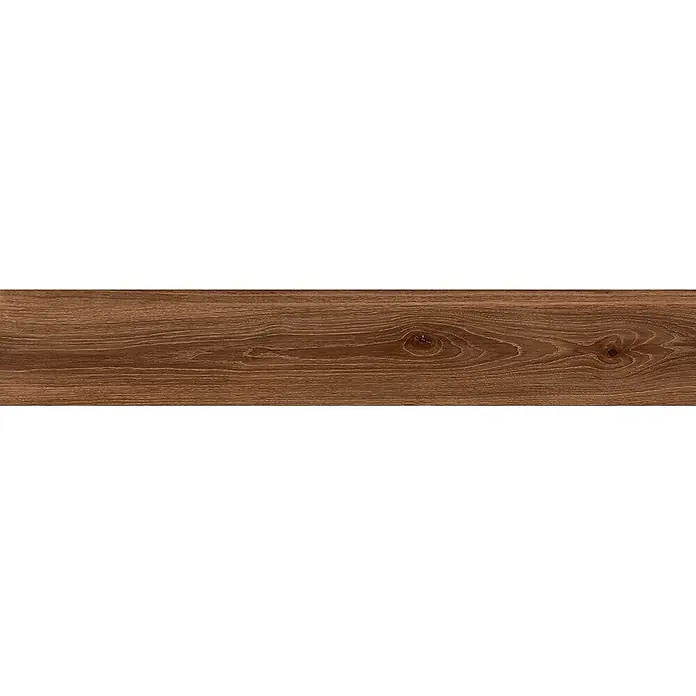 Feinsteinzeug in brauner Holzoptik 20x120 - Italienische Fliesen -  - Dunkelbraune Holzdiele mit sichtbarer Maserung und natürlichen Ästen, geeignet für Böden oder Verkleidungen.