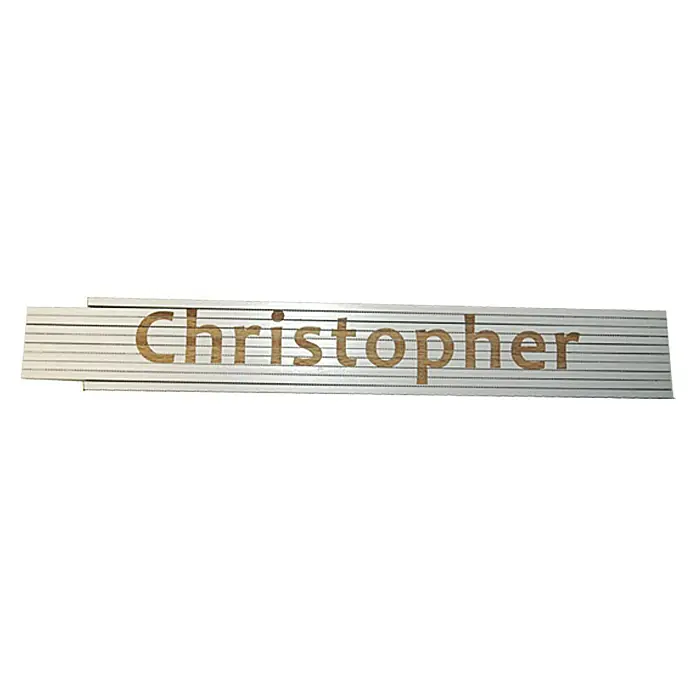 Zollstock - Aufdruck: Christopher, 2 m - Christopher-Namensschild: Ein silbernes Türschild mit dem Namen "Christopher" in Holzschrift, ideal für eine persönliche Note.