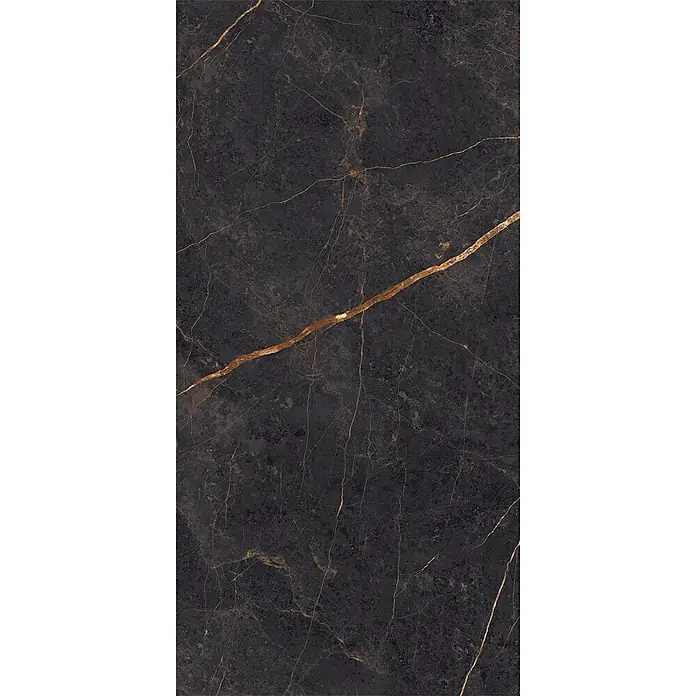 Feinsteinzeug in Saint Laurent glänzender Marmoroptik 60x120 -  - Dunkle Marmorfliese mit markanten goldenen Äderungen für elegante Oberflächen.