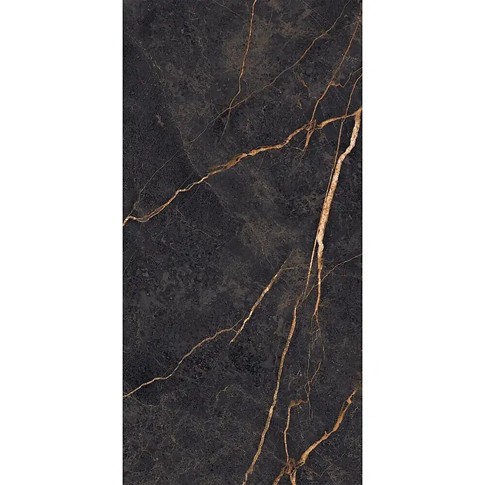 Feinsteinzeug in Saint Laurent glänzender Marmoroptik 60x120 -  - Dunkelgraue/schwarze Marmorfliese mit auffälligen Goldadern, ideal für Boden oder Wandverkleidung.