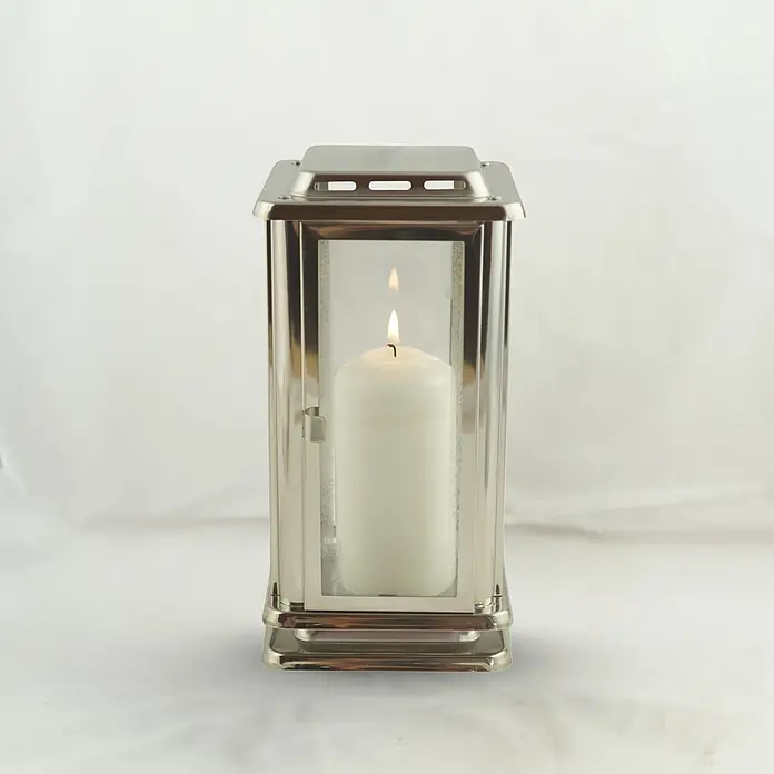 Grablaterne Royal, 12x12x23 cm, Edelstahl, Silber mit Bohrloch -  - Silberne Metalllaterne mit brennender weißer Kerze.