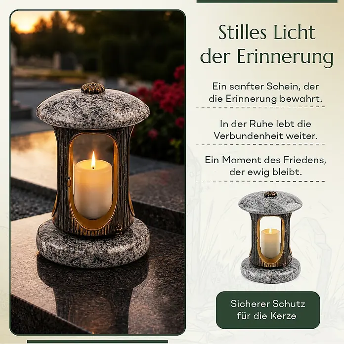 Runde Grablaterne Ø 15 cm, H 22 cm, Granit Orion, Gold-Messing -  - Eine gesprenkelte Granit-Grablampe mit Bronzeakzenten und brennender Kerze, auf einem dunklen Grabstein auf einem Friedhof.