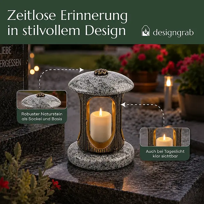 Runde Grablaterne Ø 15 cm, H 22 cm, Granit Orion, Gold-Messing -  - Grablampe aus gesprenkeltem Naturstein und Bronze, mit leuchtender LED-Kerze auf einem Grabstein.