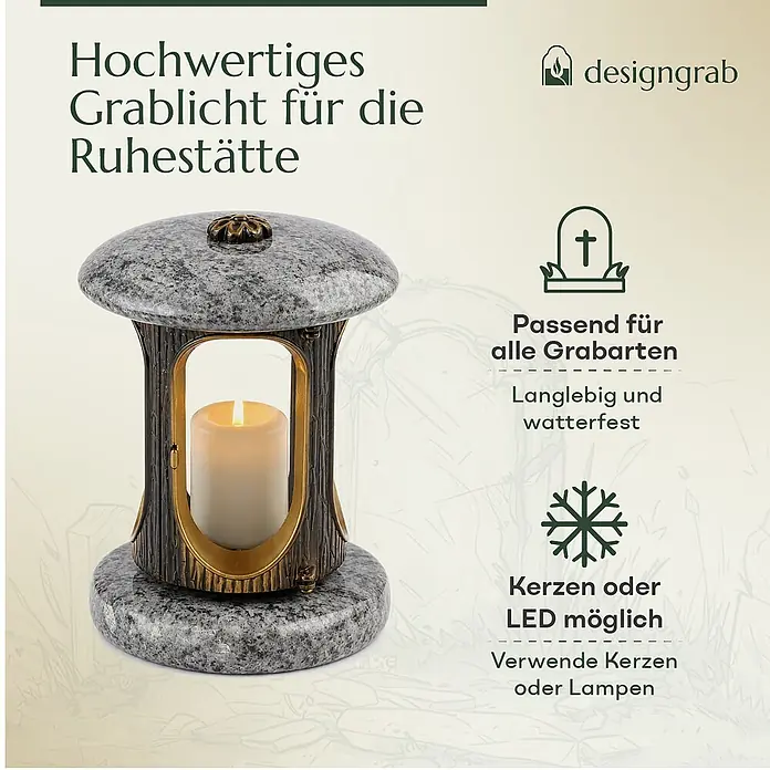 Runde Grablaterne Ø 15 cm, H 22 cm, Granit Orion, Gold-Messing -  - Langlebige Grablampe aus Granit mit Metallrahmen und Kerze. Für alle Grabarten geeignet und wetterfest.