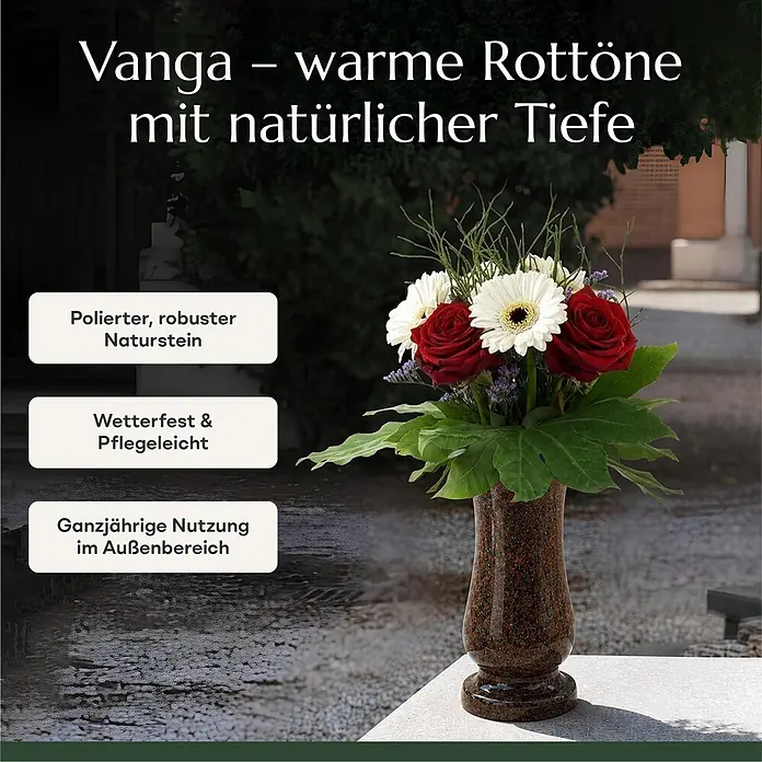 Grabvase Taille-medium, ØxH: 12x25 cm, Granit, Vanga, Rotbraun -  - Polierte Vanga Natursteinvase in warmen Rottönen, für ganzjährige Nutzung im Außenbereich mit Blumen.