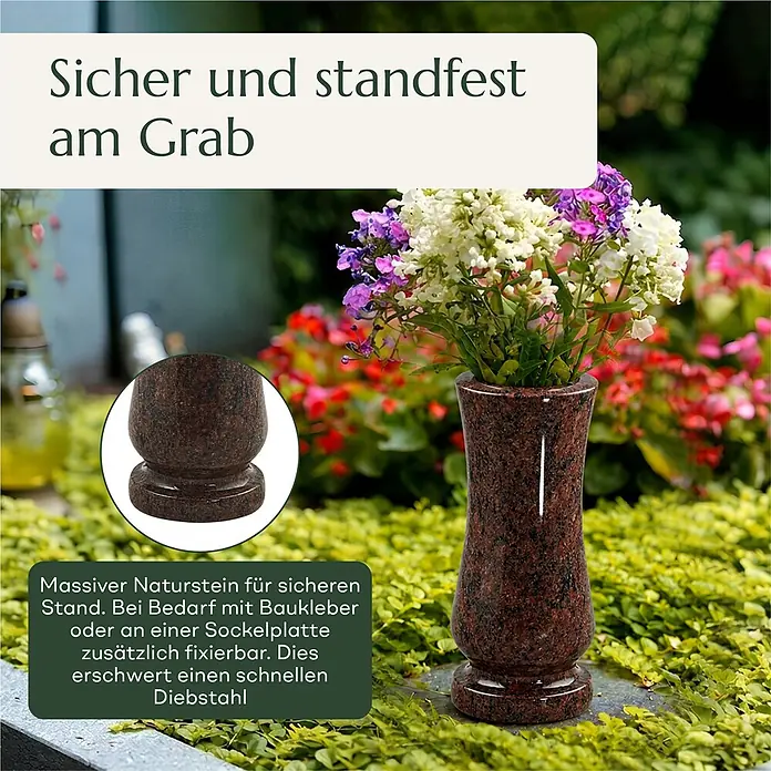 Grabvase Taille-medium, ØxH: 12x25 cm, Granit, Vanga, Rotbraun -  - Dunkle gesprenkelte Granit-Grabvase mit Blumen, sicher stehend am Grab. Massiver Naturstein, fixierbar für Stabilität.