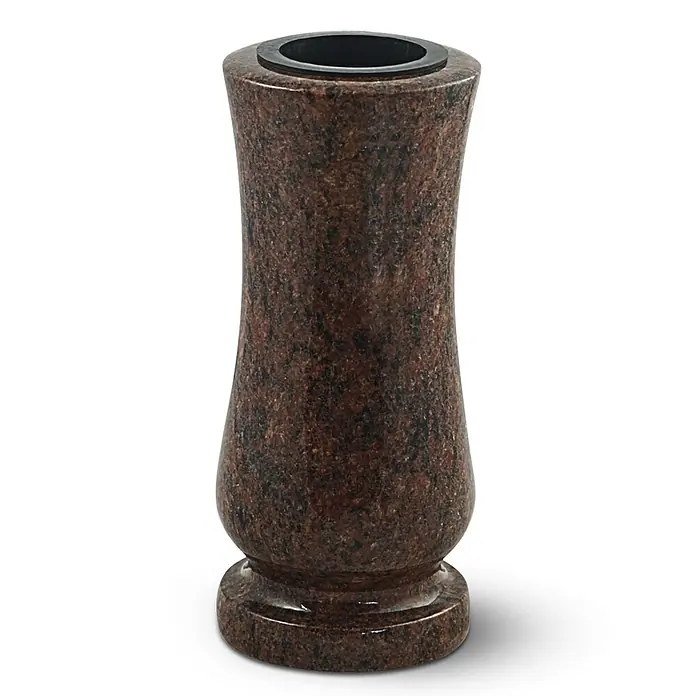 Grabvase Taille-medium, ØxH: 12x25 cm, Granit, Vanga, Rotbraun -  - Braune Grabvase aus Granit mit schwarzer Sprenkelung und schwarzem Kunststoffeinsatz, klassisch geformt.