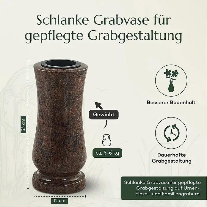 Grabvase Taille-medium, ØxH: 12x25 cm, Granit, Vanga, Rotbraun -  - Schlanke Grabvase aus rotbraunem Granit, 25 cm hoch, für Grabgestaltung.
