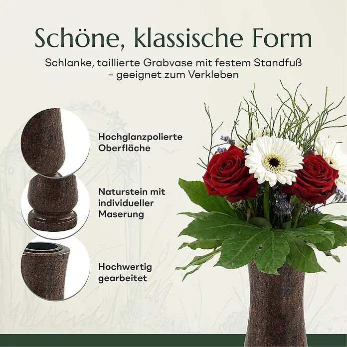 Grabvase Taille-medium, ØxH: 12x25 cm, Granit, Vanga, Rotbraun -  - Rotbraune Granit-Grabvase mit Blumenstrauß, hochglanzpolierter Oberfläche und schlanker Form.