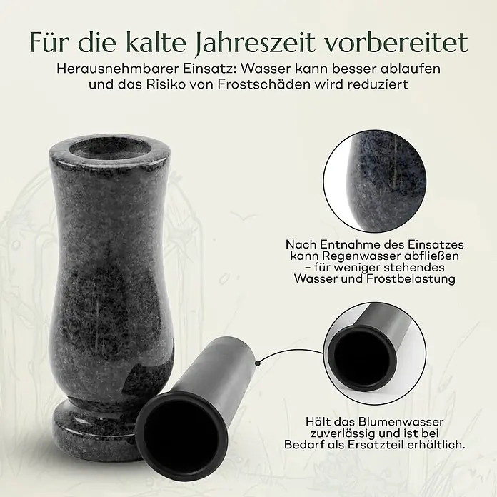 Grabvase Taille-medium, ØxH: 12x25 cm, Granit, Orion, Blaugrau -  - Dunkelgraue Granitvase mit herausnehmbarem schwarzen Einsatz für optimalen Wasserablauf und Frostschutz.