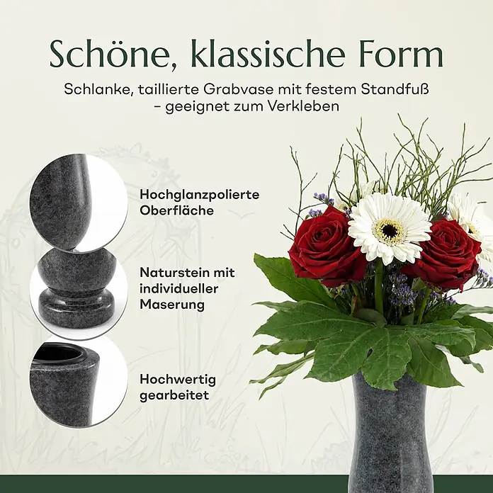 Grabvase Taille-medium, ØxH: 12x25 cm, Granit, Orion, Blaugrau -  - Schlanke, dunkelgraue Grabvase aus poliertem Naturstein mit Blumenstrauß.