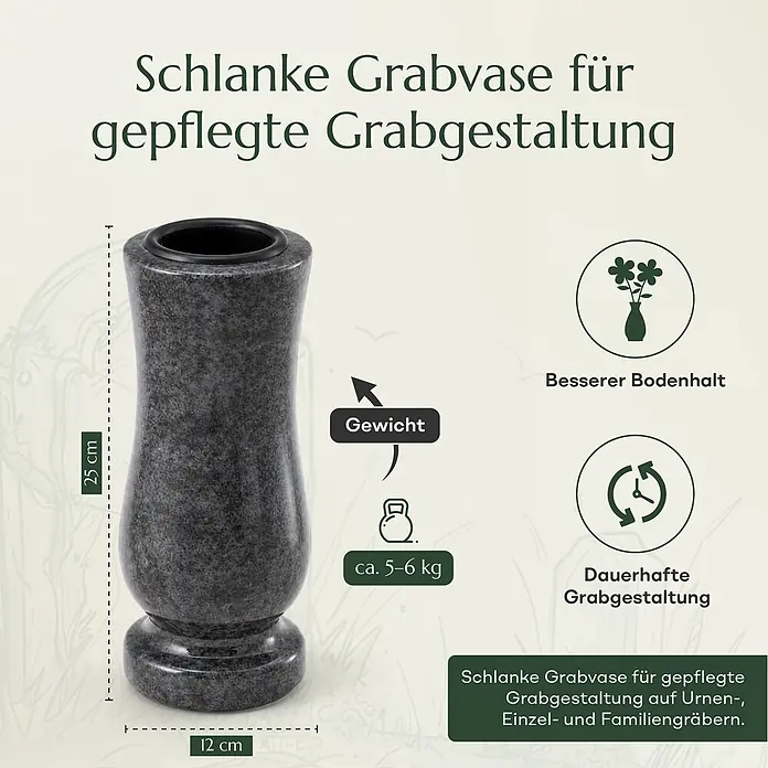 Grabvase Taille-medium, ØxH: 12x25 cm, Granit, Orion, Blaugrau -  - Schlanke dunkelgraue Granit-Grabvase, 25 cm hoch, 12 cm breit, 5-6 kg schwer, für stabile und dauerhafte Grabgestaltung.