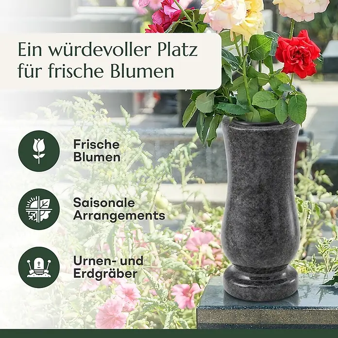 Grabvase Taille-medium, ØxH: 12x25 cm, Granit, Orion, Blaugrau -  - Dunkelgraue Granit-Grabvase mit frischen Rosen, passend für Gedenkstätten.