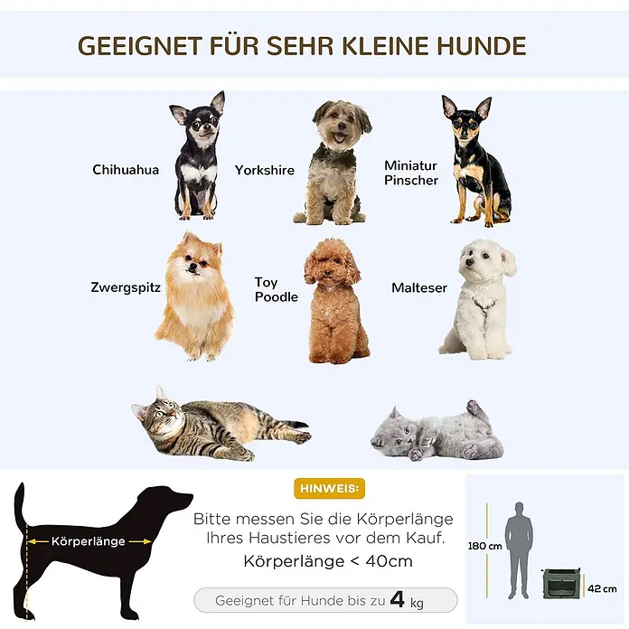 PawHut Hundetasche Grau 60L x 42B x 42H cm -  - Grüne Haustiertasche für sehr kleine Hunde/Haustiere, zeigt Rassen, max. Körperlänge 40cm, max. Gewicht 4kg. Tasche ist 42cm lang.