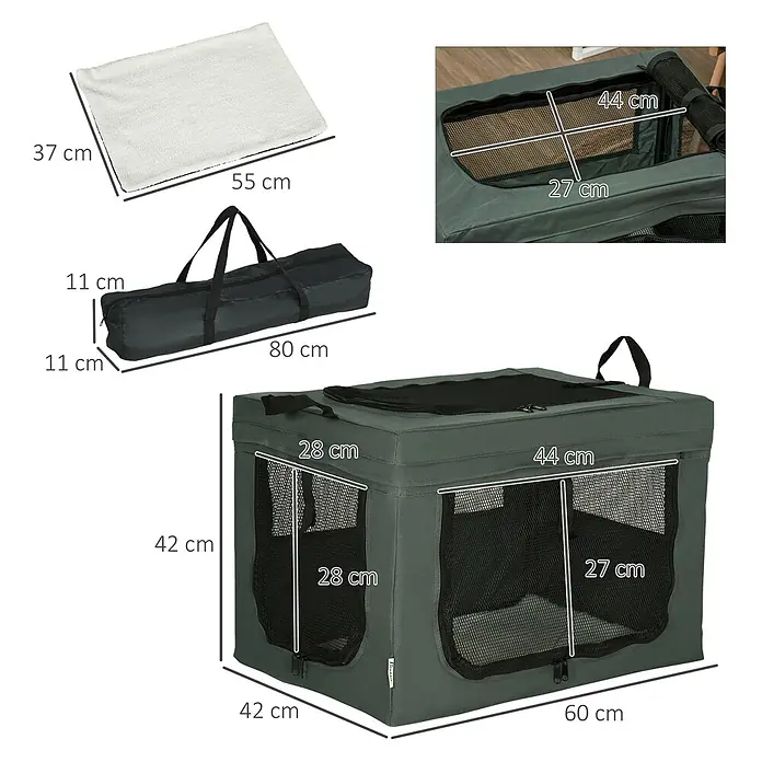 PawHut Hundetasche Grau 60L x 42B x 42H cm -  - Faltbare grüne Hundebox mit Netzfenstern, weicher Matte und schwarzer Tragetasche, Maße angegeben.