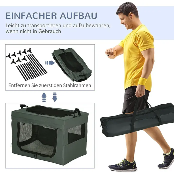 PawHut Hundetasche Grau 60L x 42B x 42H cm -  - Faltbare graue Hundebox mit Stahlrahmen, einfach zu transportieren und aufzubewahren. Ein Mann trägt die Tasche.