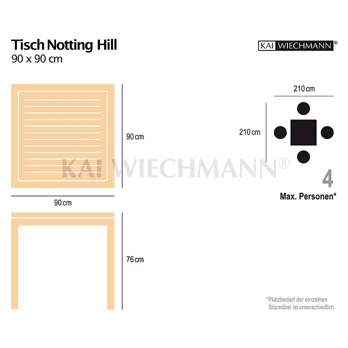 Teak Gartentisch 90 x 90 cm Massivholz modern edel und wetterfest -  - Hellbrauner Tisch Notting Hill, 90x90x76 cm, für max. 4 Personen.