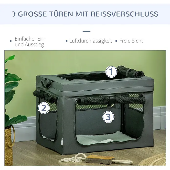 PawHut Hundetasche Grau 60L x 42B x 42H cm -  - Dunkelgraue, faltbare Hundebox mit drei großen Reißverschlusstüren (oben, vorne, Seite) und Netzfenstern für Belüftung.