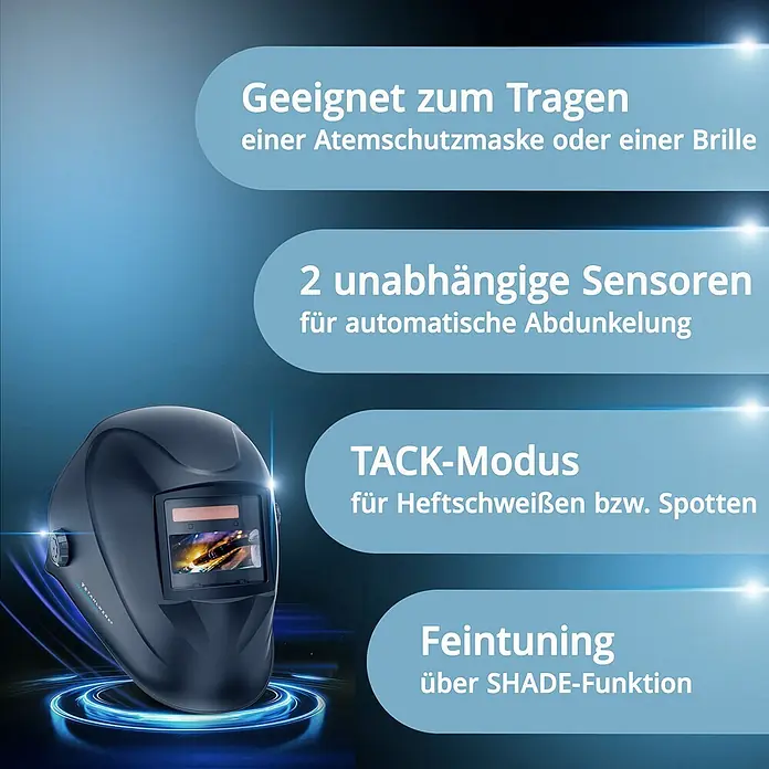 STAHLWERK Schweißhelm WORKER 3-in-1 Automatik Schweißerhelm Schweißschild -  - Dunkelgrauer automatischer Schweißhelm, kompatibel mit Atemschutzmasken/Brillen, mit 2 Sensoren, TACK-Modus, SHADE-Feintuning.