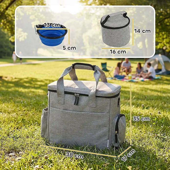 PawHut Katzentransporttasche Hellgrau 38L x 17B x 35H cm -  - Graue Kühltasche mit faltbarer blauer Schüssel und grauem Lebensmittelbehälter, ideal für draußen.