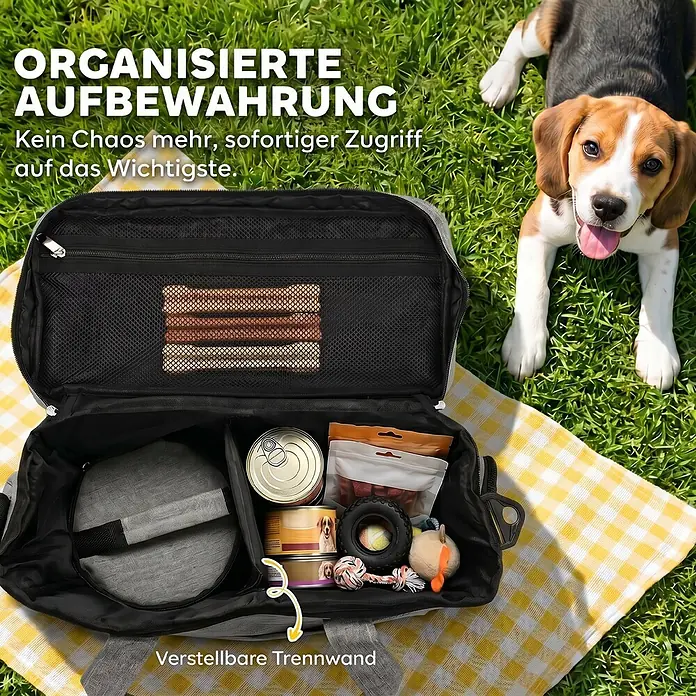 PawHut Katzentransporttasche Hellgrau 38L x 17B x 35H cm -  - Offene graue Tiertransporttasche gefüllt mit Futter, Näpfen und Spielzeug, mit verstellbarer Trennwand, neben einem Hund.