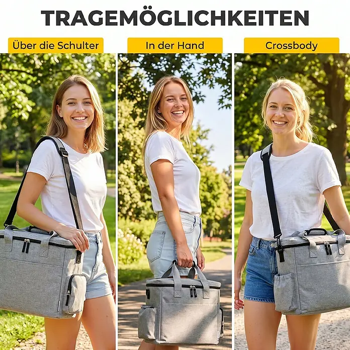 PawHut Katzentransporttasche Hellgrau 38L x 17B x 35H cm -  - Graue Kühltasche, von einer Person draußen über der Schulter, in der Hand und crossbody getragen.