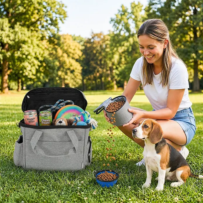 PawHut Katzentransporttasche Hellgrau 38L x 17B x 35H cm -  - Graue Haustier-Reisetasche offen im Park, Frau gießt Hundefutter aus einem tragbaren Spender in eine Schüssel für einen Beagle-Welpen.
